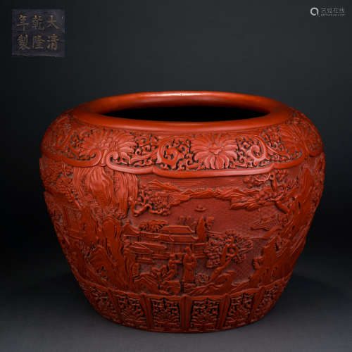 Qing Dynasty, red landscape and figure bowl