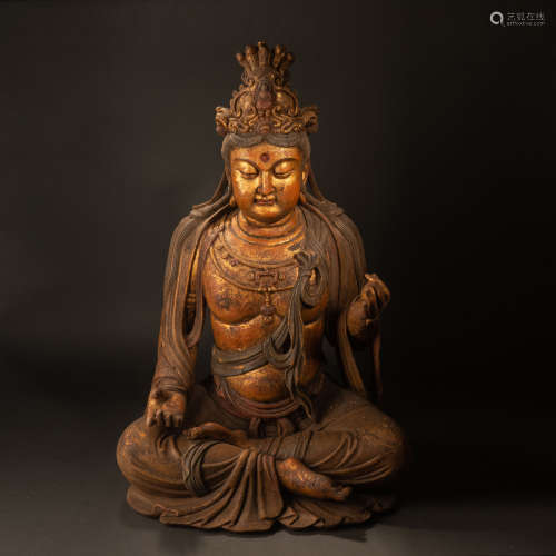 Bright lacquer and gold woodcarved Bodhisattva statue