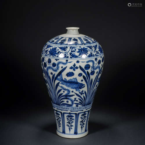 Before Ming Dynasty, Mei vase with blue and white fish and a...