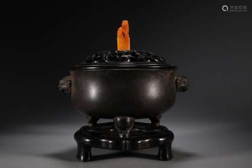 Paragraph Wu Bangzuo lion button incense burner, copperSize:...