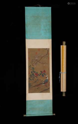 Shaft head, Lin Liang painting of flowers and silk scroll po...