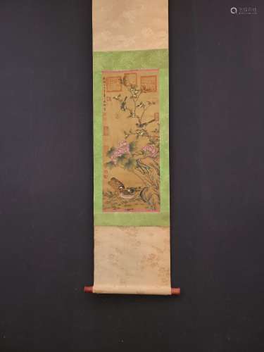 , YuBi vertical silk scroll painting of flowers and birds pa...