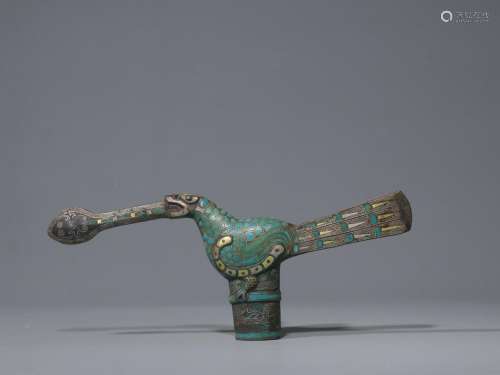 Bronze gold and silver inlaid, green pine animals with a rod...