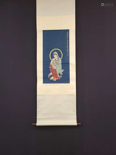 Goddess of mercy, Xie Zhiliu silk scroll blue backgroundSize...