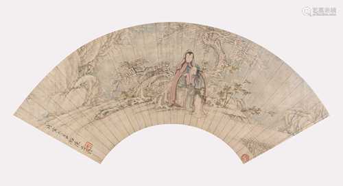 陈少梅 人物扇面 纸本设色镜片