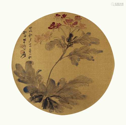 张大千 花卉圆光 绢本设色镜心