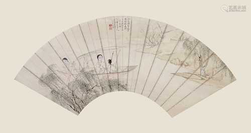 袁潮 人物扇面 纸本设色镜片