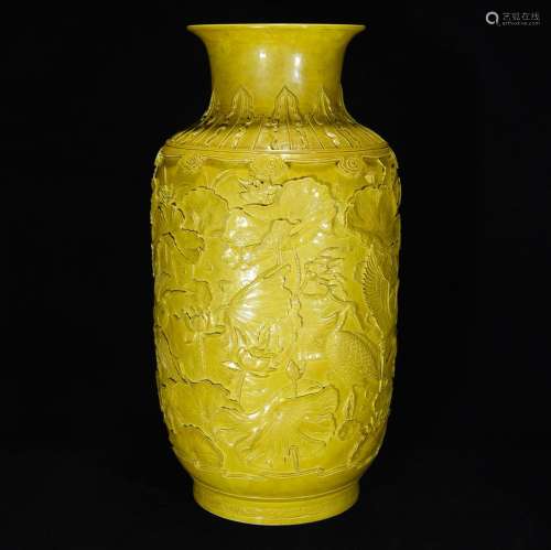 Yellow glaze embossed lotus flower grain bottle, 62 x 32