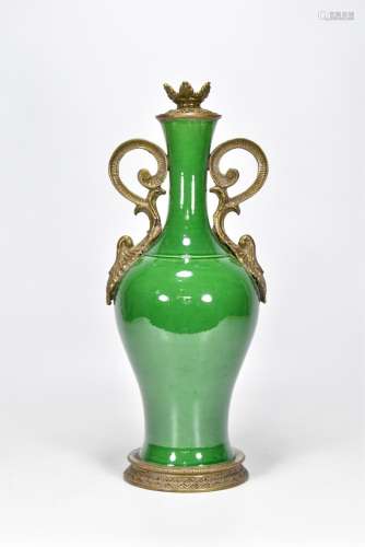 Porcelain glaze green copper clad bottle36 cm diameter 15 cm...