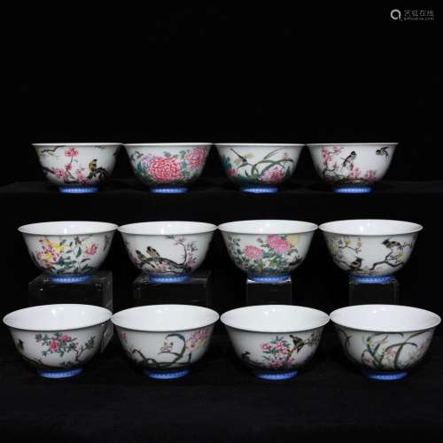 Colored enamel twelve flora green-splashed bowls, 6 cm diame...