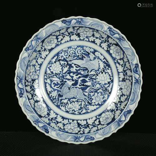 Blue and white flowers kirin phoenix grain ling mouth tray45...