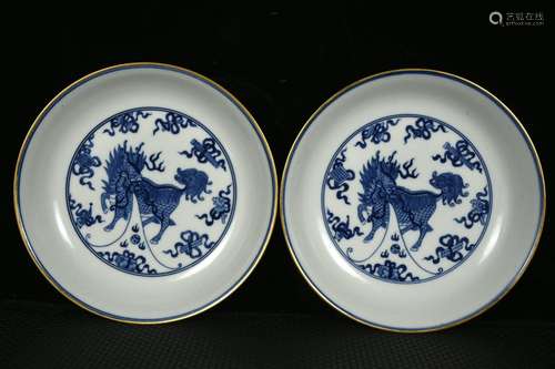 Blue and white gold kirin sweet grain plates3.9 cm diameter ...