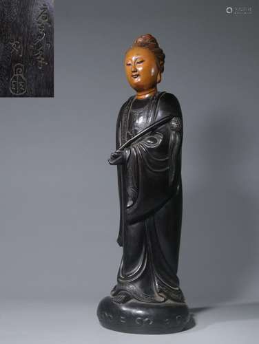 . Lobular red sandalwood inlaid boxwood guanyin stands resem...