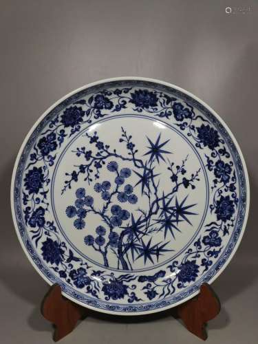 Blue and white, poetic shochiku MeiWen plate