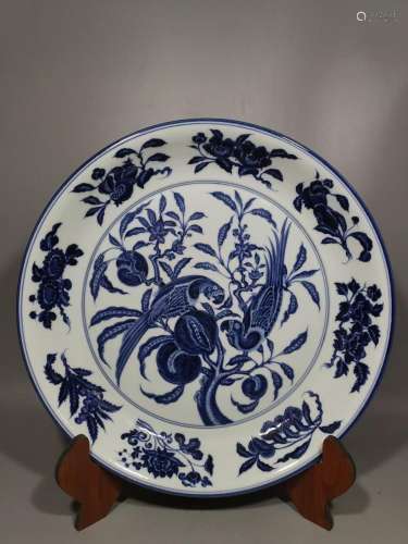 Blue and white ruffled branches of flowers and birds tray
