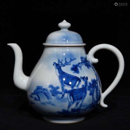 Blue and white deer lines pot teapot hip flask, high diamete...
