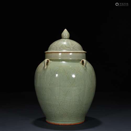 Longquan celadon powder blue glaze carving in grain of quate...