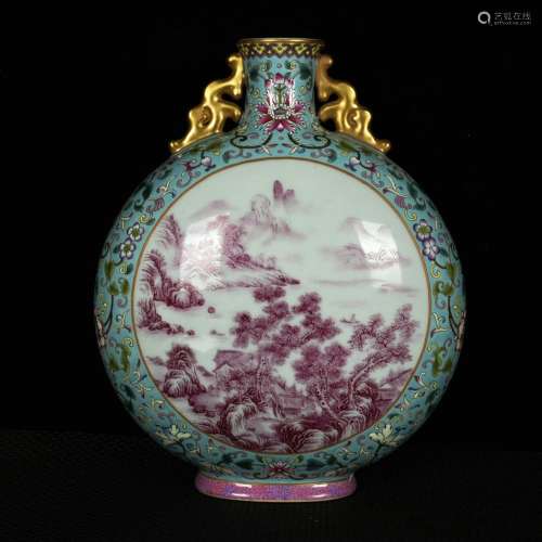 The green colored enamel paint medallion agate red landscape...