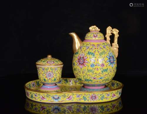 Colored enamel gold flower grain tea set a bound branches;16...