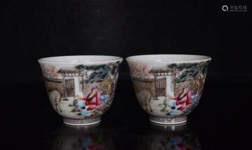 Cup a pair of colored enamel character the fishing qiao geng...