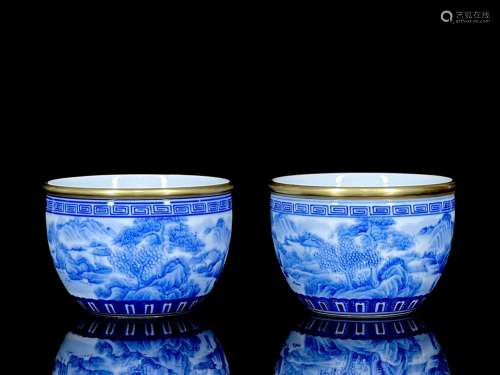 Blue and white paint landscape lines cylinder cup 5.2/7.6.67...