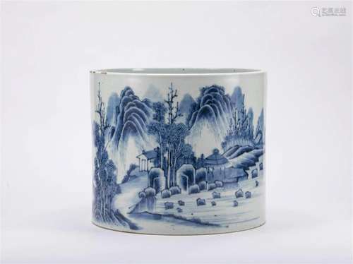 Qing Dynasty blue and white landscape figure pen holder