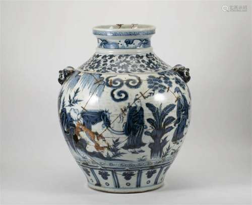 Blue and white figure pot of Yuan Dynasty