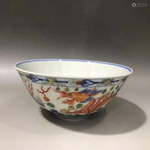 Qing Dynasty blue and white pastel dragon and phoenix bowl