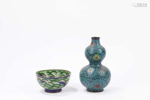 A lot comprising a double gourd cloisonné vase and a bowl. C...