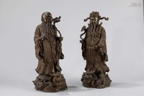 A pair of bronze figures of Shoulao . China, late Qing dynas...