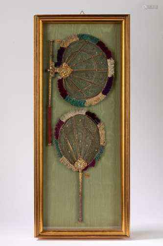 Two richely decorated wooden fans. Late 19th century