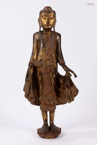 A Mandalay-Style lacquer and gilt wood figure of standing Bu...