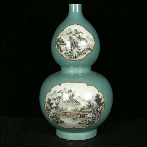 Turquoise colour medallion ink 秞 landscape pattern gourd bo...