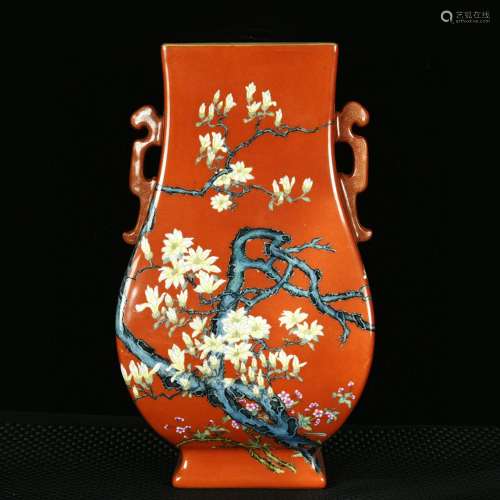 Coral red 秞 colored enamel painstakingly pattern ears flat ...