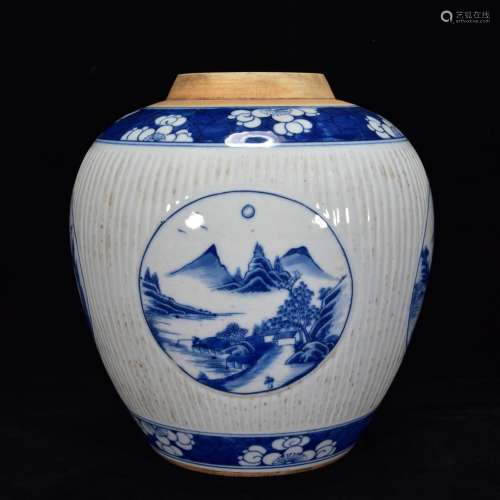 Blue and white landscape pattern melon leng jar 21 * 21