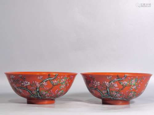 Powder enamel coral red in magnolia acknowledged bowl of a p...