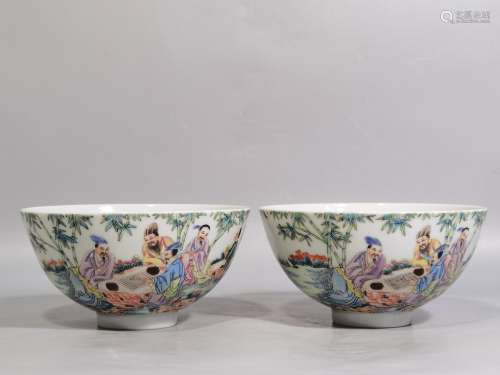 Pastel bamboo seven sages figure bowl of a pair of high cali...