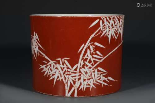 High, coral red white pen container, bamboo: 15 cm diameter:...