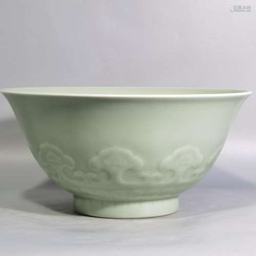 Pea green glazed bowl diameter 24.5 high 12 reliefs