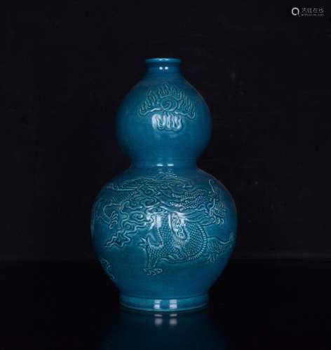 Peacock blue carved dragon gourd bottle;20.5 x12;847004330 F...