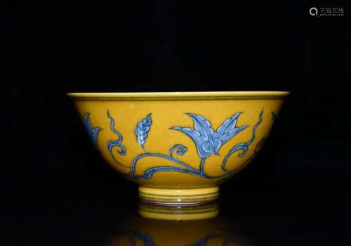 Chenghua yellow glaze blue and white flower bowl x14.5 6.8 c...