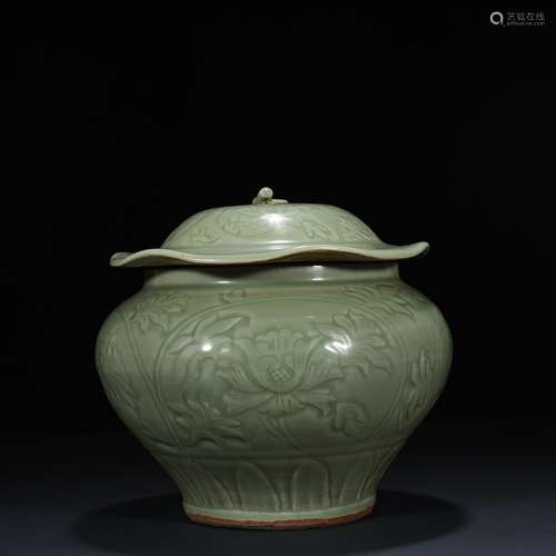 Longquan plum green glaze carving around branches cover pot ...