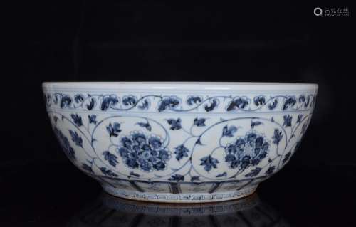 Blue and white tie peony bowl lotus yang play lines;16.4 x42