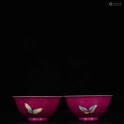 Carmine red glaze butterfly green-splashed bowls5.8 cm high ...