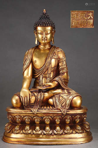 大明永乐精铸紫铜胎鎏金释迦牟尼佛坐像
