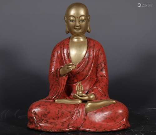 雍正雕塑瓷宝石红釉鎏金地藏王菩萨尊