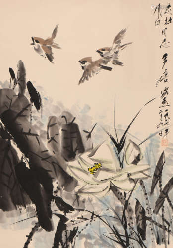 唐云 (1910-1993) 荷花小鸟