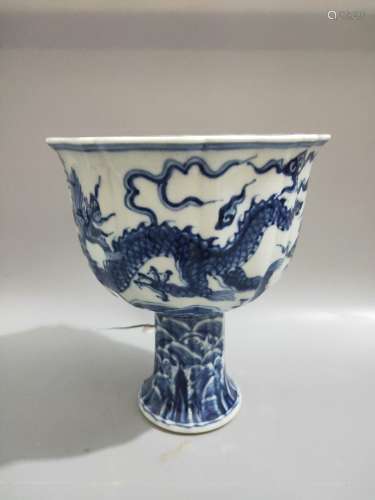 , blue and white hand, panlong clouds high bowl.17 CM high, ...