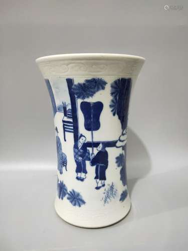 Blue and white brush pot hand-drawn characters.High 19.5 CM,...