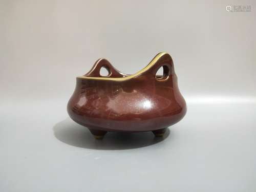 , hard red glaze colour incense burner.9 cm high, 12 cm diam...